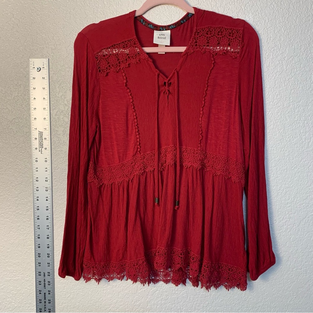 Knox Rose Red Lace Accent Blouse, pheasant bohemian style.